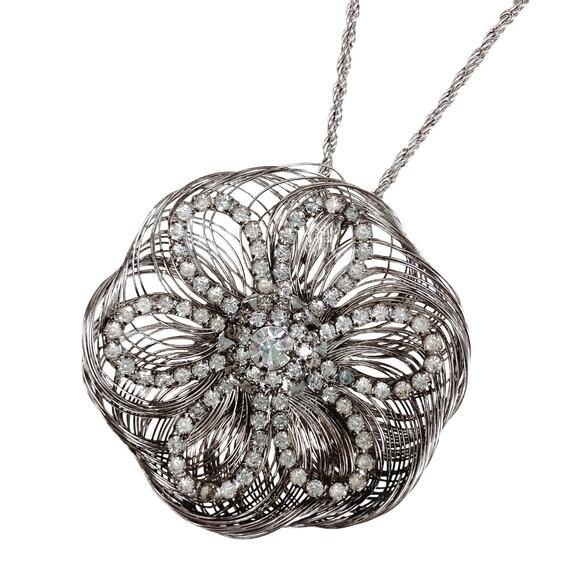 Large Wire Rhinestone Flower 2" Pendant Necklace, Extra Long 36" Chain - Picture 1 of 8